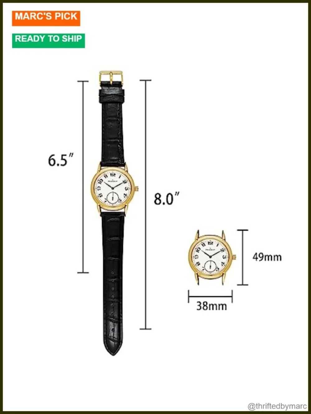 Men's Vintage 14K Gold Plated Watch with Arabic Numerals, Black Leather Strap